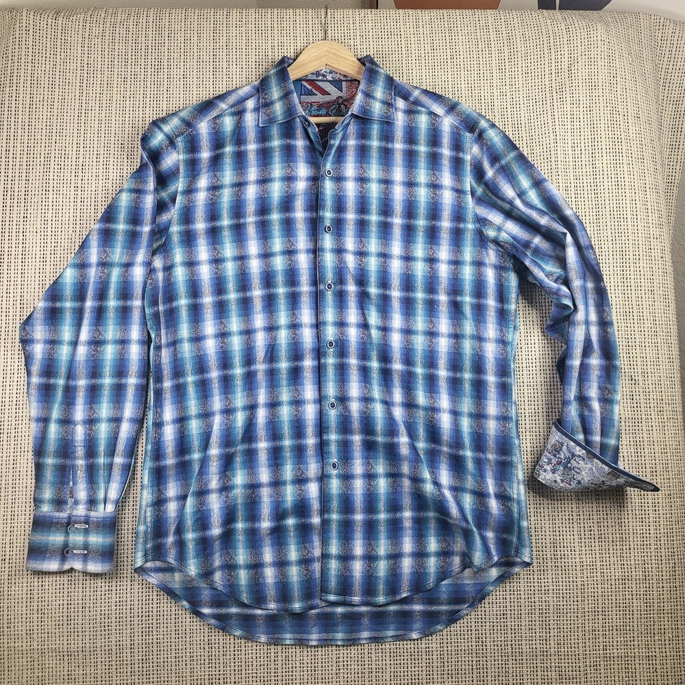 Robert Graham Shirt Mens Medium Blue Plaid Classic Fit Long Sleeve Button Up